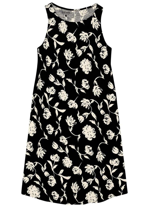 Malwee - Vestido Evasê Floral Estilizado Preto