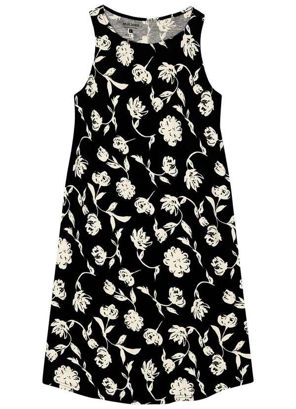 Malwee - Vestido Evasê Floral Estilizado Preto