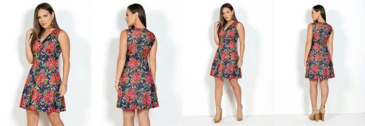 Vestido Evas Floral Marinho com Decote Profundo