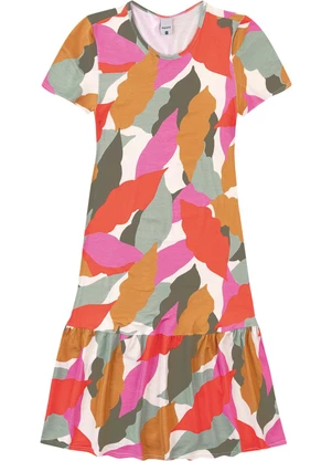 Malwee - Vestido Evasê Folhagens Laranja - MALWEE