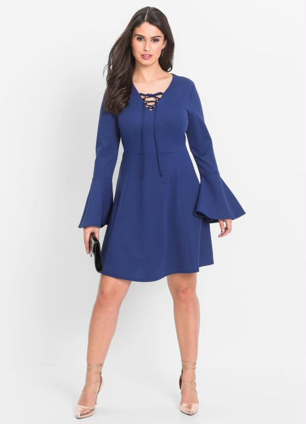 Outlet - Vestido Evasê Mangas Flare Azul 12