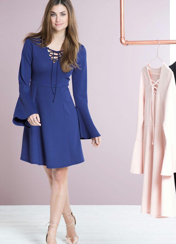 Outlet - Vestido Evasê Mangas Flare Azul 6
