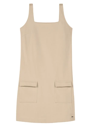 Marialícia - Vestido Feminino com Bolsos Lapela Bege - MARIALÍCIA