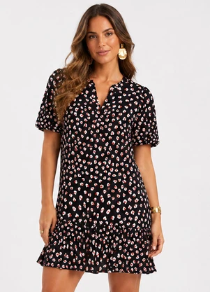 Infinita Cor - Vestido Feminino com Manga Franzida Preto - INFINITA COR