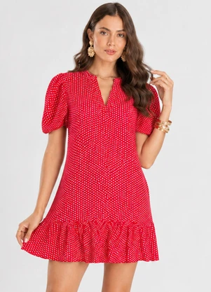Infinita Cor - Vestido Feminino com Manga Franzida Vermelho - INFINITA COR