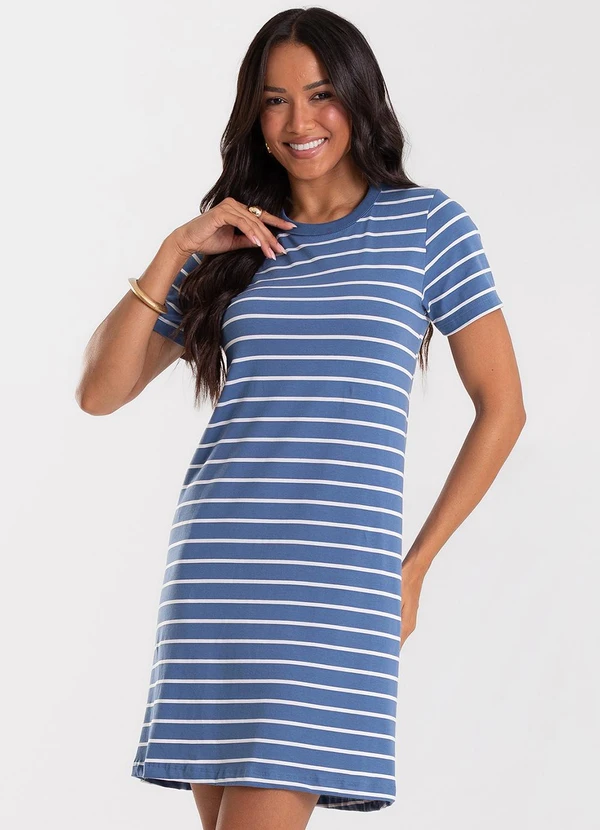 Rovitex - Vestido Feminino Cotton Listrado Azul
