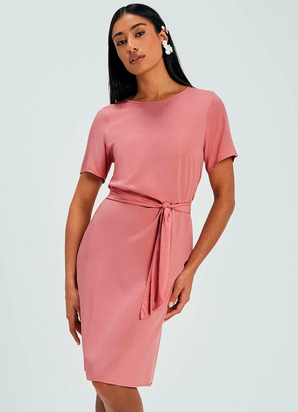 Marialícia - Vestido Feminino Curto com Faixa Rosa