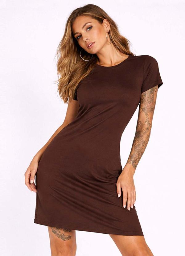 Infinita Cor - Vestido Feminino Curto com Manga Marrom