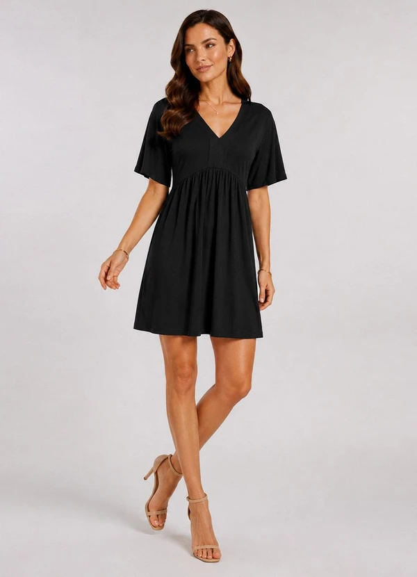 Infinita Cor - Vestido Feminino Curto Decote em V Preto