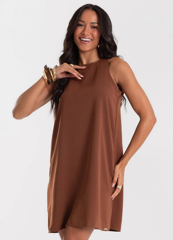Rovitex - Vestido Feminino Curto Tecido Twill Marrom