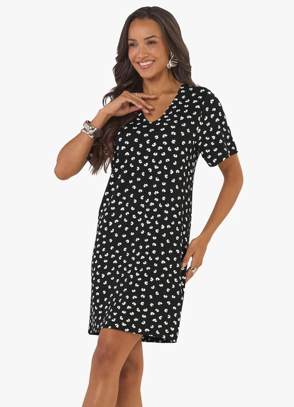 Rovitex - Vestido Feminino Curto Visco Maquinetado Preto