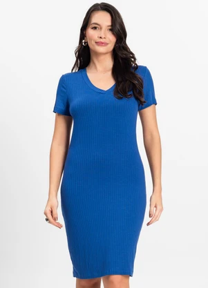 Rovitex - Vestido Feminino em Ribana Canelada Azul - ROVITEX