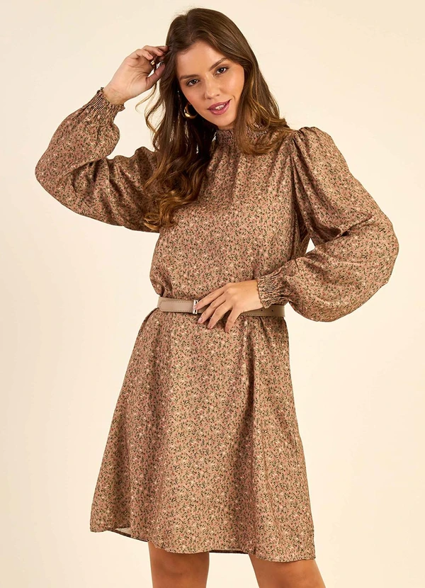 Marialícia - Vestido Feminino Manga Longa Floral Marrom 1