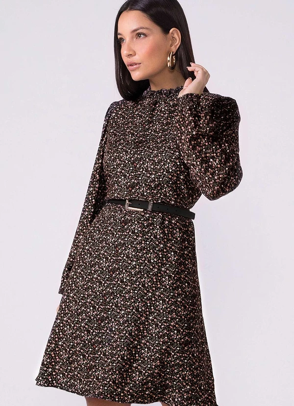 Marialícia - Vestido Feminino Manga Longa Floral Preto