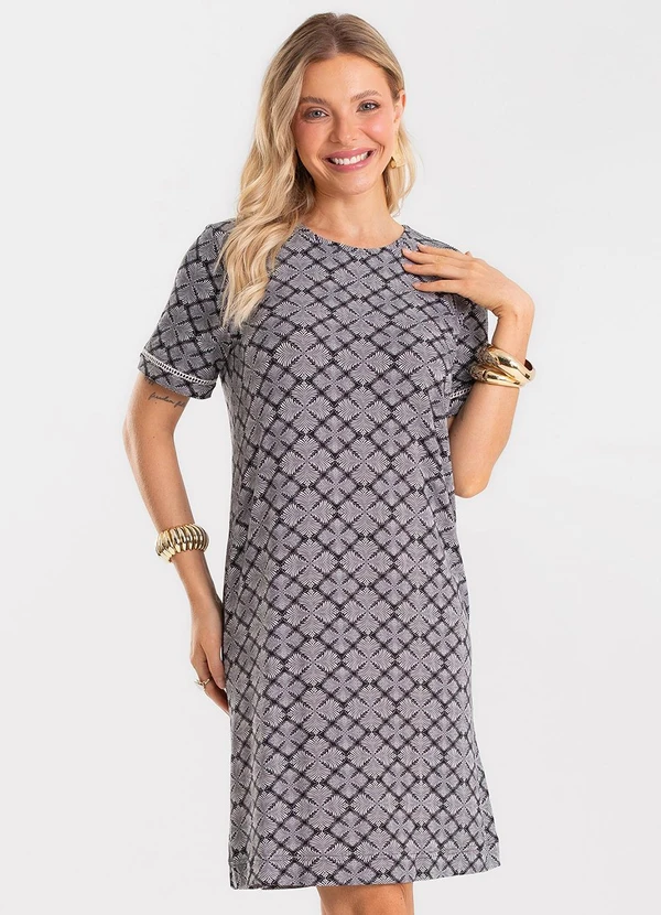 Rovitex - Vestido Feminino Viscotorcion Estampado Preto