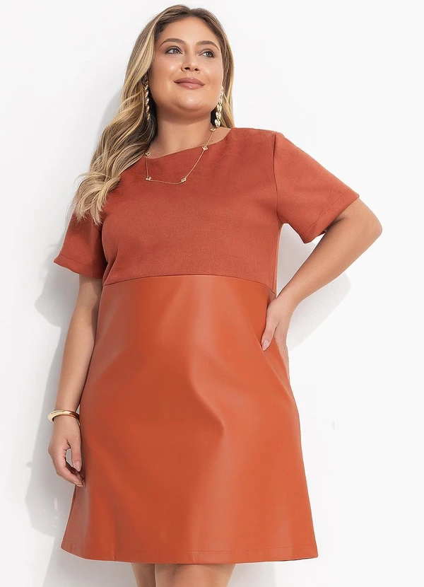 Quintess - Vestido Curto Ferrugem em Suede e Pu com Modelagem Soltinha 8