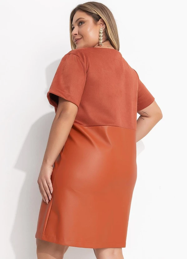 Quintess - Vestido Curto Ferrugem em Suede e Pu com Modelagem Soltinha 7