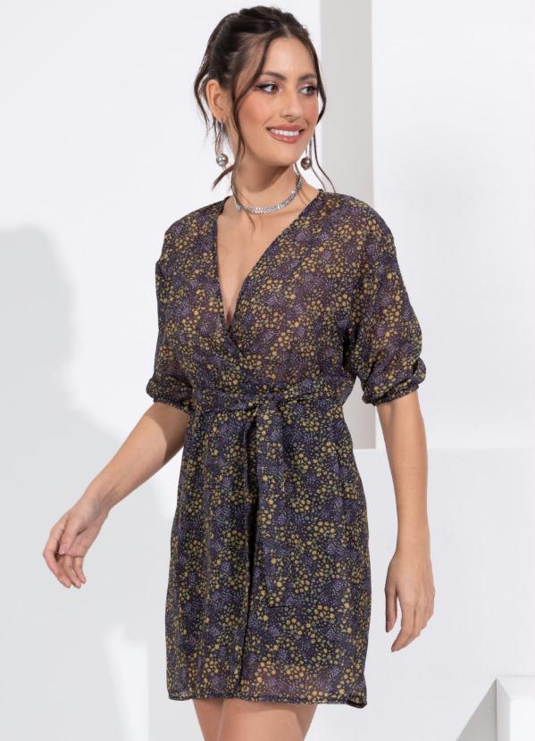 Quintess - Vestido Floral Amarelo Decote Transpassado