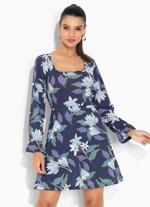 Azul Decotes Ousados Vestidos Moda Pop Vestido Floral Azul Com