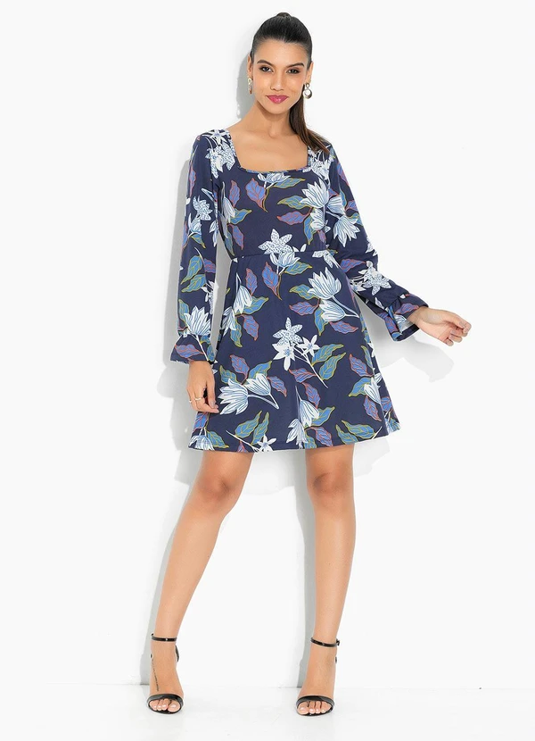 Moda Pop - Vestido Floral Azul com Decote Quadrado 6