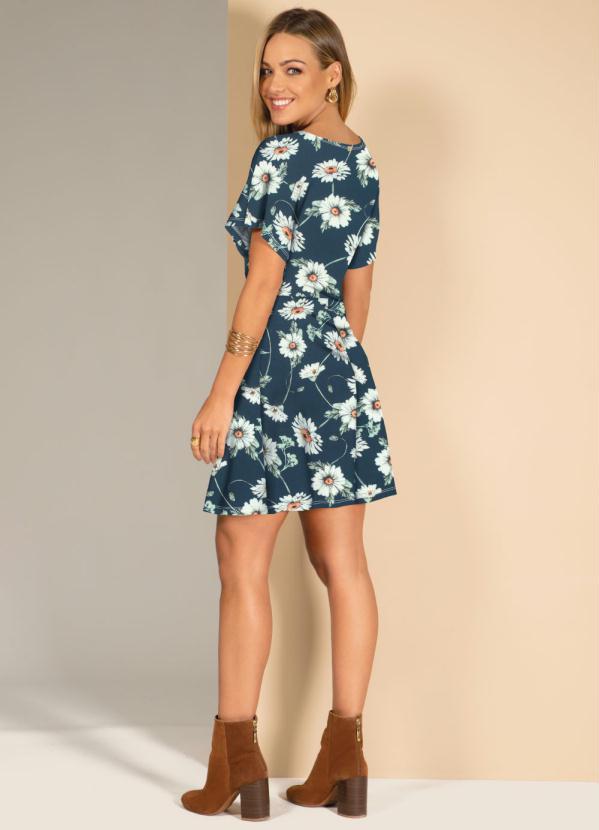 Quintess - Vestido Floral Azul com Mangas Amplas 4