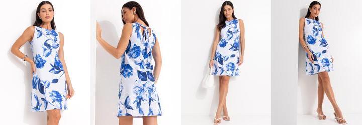 Vestido Floral Azul em Malha Crepe