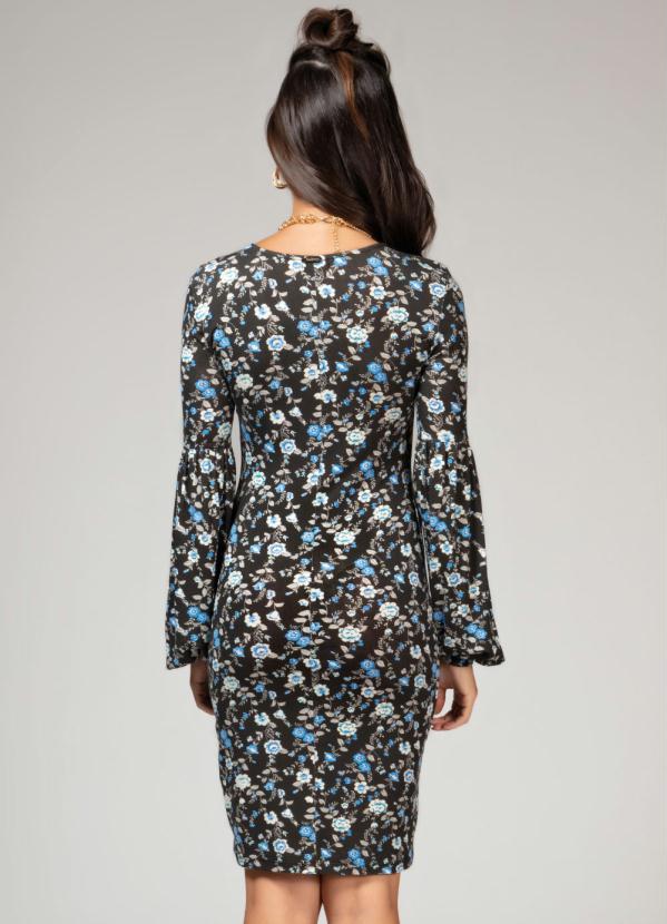 Quintess - Vestido Floral Azul Manga Longa com Recorte 2