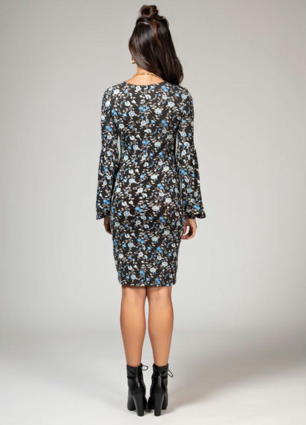 Quintess - Vestido Floral Azul Manga Longa com Recorte 4