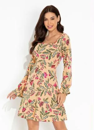 Moda Pop - Vestido Floral Bege com Decote Quadrado - MODA POP