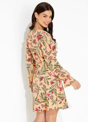 Moda Pop - Vestido Floral Bege com Decote Quadrado - MODA POP