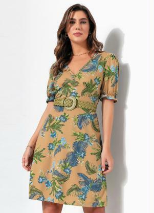 Vestido (Floral Bege) com Recortes e Mangas Curtas