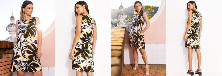 Vestido Floral Bege em Malha de Viscose