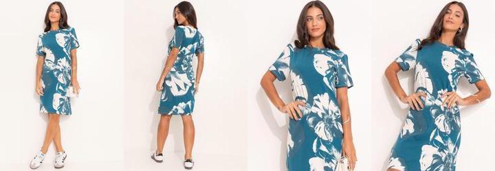 Vestido Floral Bicolor em Malha de Viscose