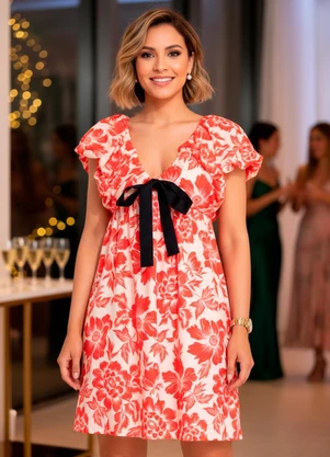 Quintess - Vestido Curto Floral em Malha Fria com Laço Removível - QUINTESS