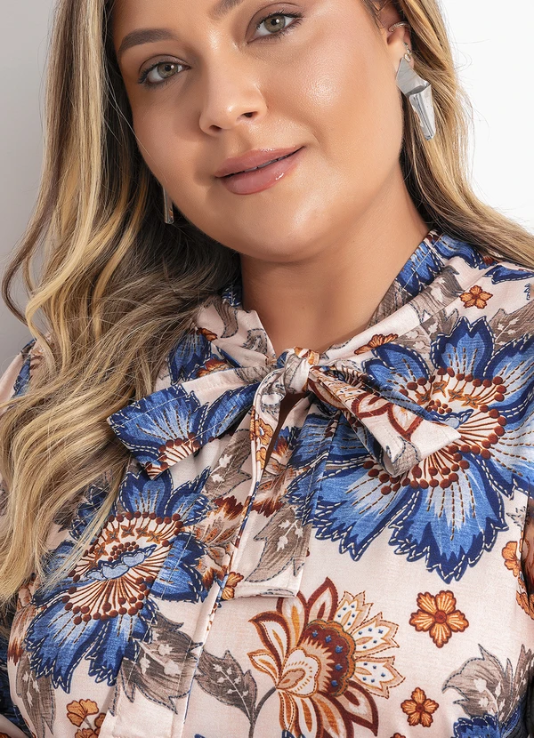 Quintess - Vestido Curto Floral em Malha Fria com Gola Laço e Manga 7/8 14