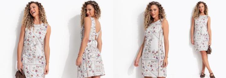 Vestido Curto Regata Estampado em Malha Texturizada com La�o nas Costas