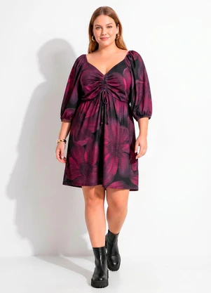 Quintess - Vestido Floral Bordô em Malha Texturizada - QUINTESS