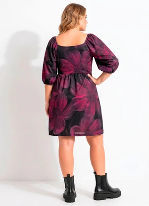 Quintess - Vestido Floral Bordô em Malha Texturizada - QUINTESS