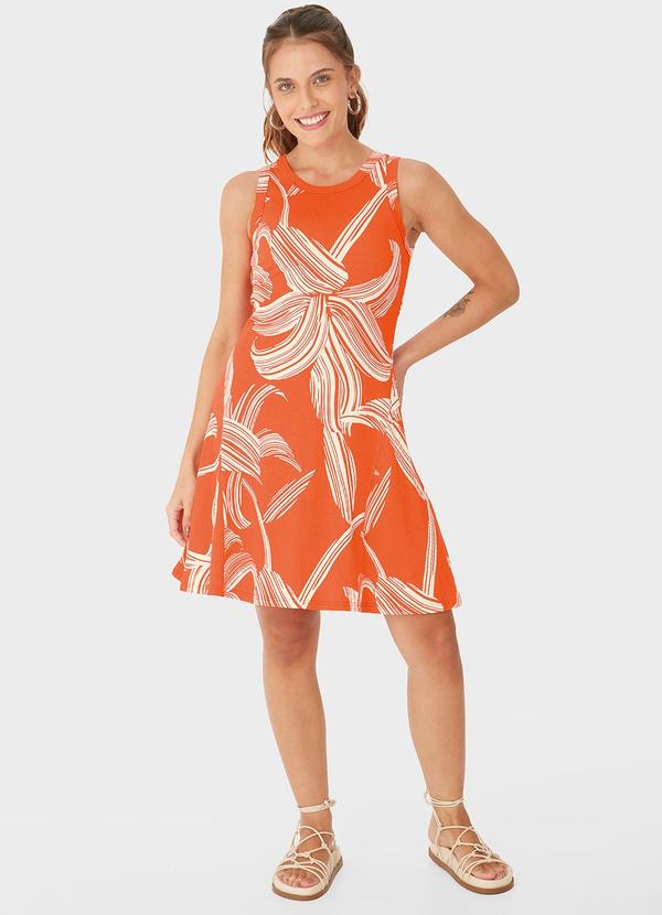Malwee - Vestido Floral Canelado Evasê Laranja
