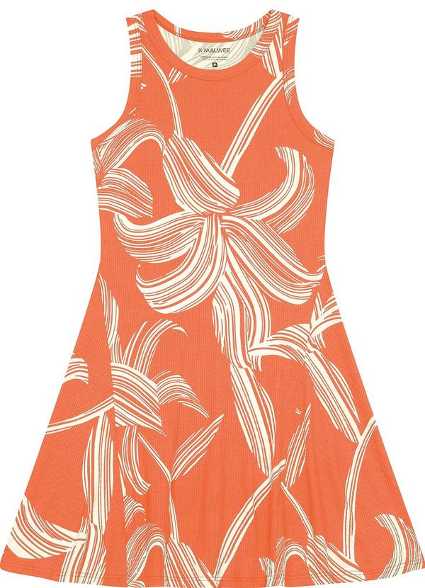 Malwee - Vestido Floral Canelado Evasê Laranja 2