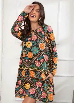 Quintess - Vestido Floral Color com Gota no Decote - QUINTESS