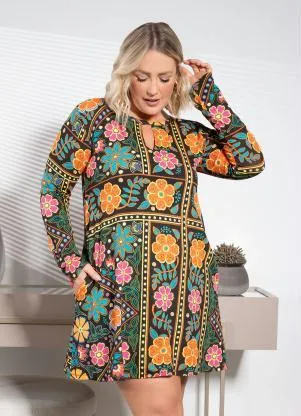 Quintess - Vestido Floral Color com Gota no Decote - QUINTESS