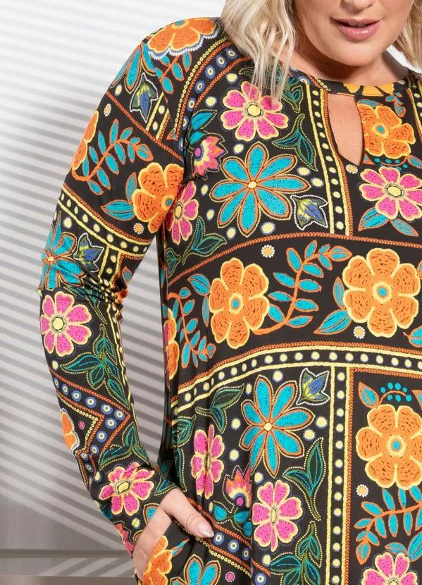 Quintess - Vestido Floral Color com Gota no Decote