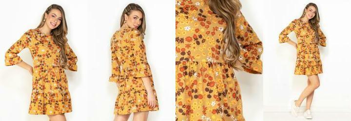 Vestido Floral com Babados e Manga 3/4