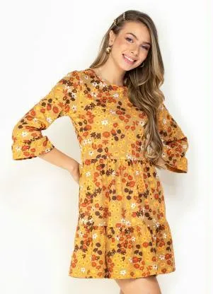 Moda Pop - Vestido Floral com Babados e Manga 3/4 - MODA POP