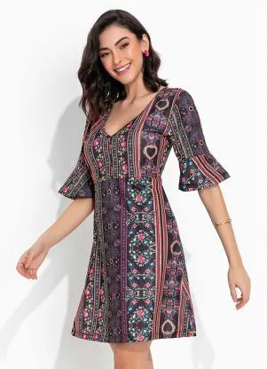 Queima Estoque - Vestido Floral com Decote V e Manga Curta - QUEIMA ESTOQUE