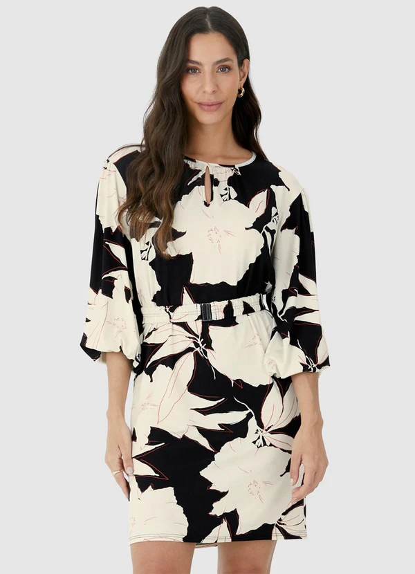 Malwee - Vestido Floral Curto Amplo Preto