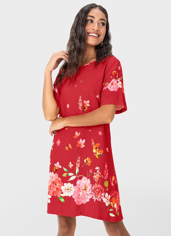 Malwee - Vestido Floral Curto Evasê Vermelho