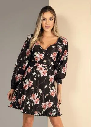 Quintess - Vestido Floral Dark com Babados na Barra - QUINTESS
