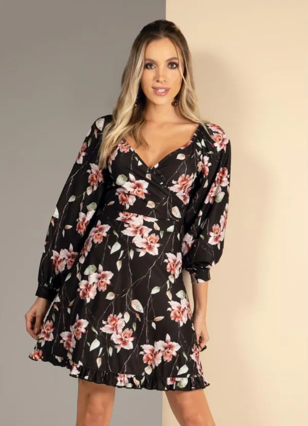 Quintess - Vestido Floral Dark com Babados na Barra
